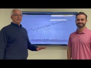 two men stand in front of a large tv with stock charts